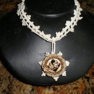 Hand Crocheted Choker Pendant Necklace w/Large Antique Button, Pearls Etc.
